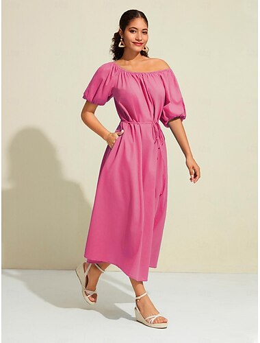  Damen Maxikleid aus Baumwolle, lässiges Urlaubskleid, grün, lockere Passform, schulterfreies Sommerkleid mit Puffärmeln, A-Linie
