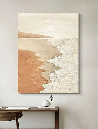  لوحة السماء والمحيطات مرسومة يدويًا، لوحة مناظر طبيعية هادئة، لوحة زيتية محايدة، مصنوعة يدويًا باللون البيج الفاتح، لوحة موجة أكريليك جمالية، لوحة فنية بسيطة