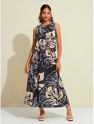  Palm Leaf Print Round Neck Sleeveless Tank&Skirt Set