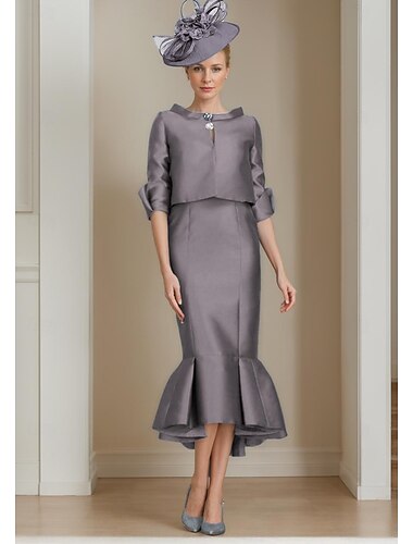  Zwei-teilige Meerjungfrau Brautmutter Kleid Formelle Hochzeitsgast Elegantes Juwelkragen Tee-Länge Satin Halblange Ärmel mit Knöpfen Derby Kleid Renn-Tag Kleid 2025 kostenlose Maßanfertigung