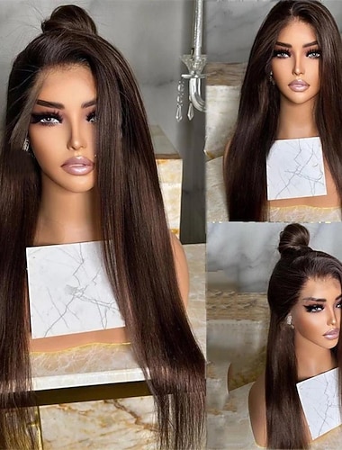  Remy-hår 4x13 Stängning Peruk Gratis del Brasilianskt hår Silkesrakt Kastanjebrun Peruk 130% 150% Hårtäthet med babyhår Naturlig hårlinje 100% Jungfru Pre-Knäpp Till Dam Lång Äkta peruker med hätta