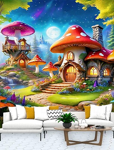  Fantasie Pilz Haus hängen Wandteppich Kunst große Wandteppich Wandbild Dekor Fotografie Hintergrund Decke Vorhang Haus Schlafzimmer Wohnzimmer Dekoration Wandtuch XXL Natur