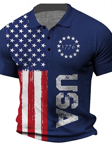  4. července 2026 250. Pánské Americká vlajka veteráni Waffle Polo košile Golfová košile Krátký rukáv Polo tričko Košile s límečkem Streetwear Oblečení na dovolenou Párty oblečení 3D tisk Knoflíky