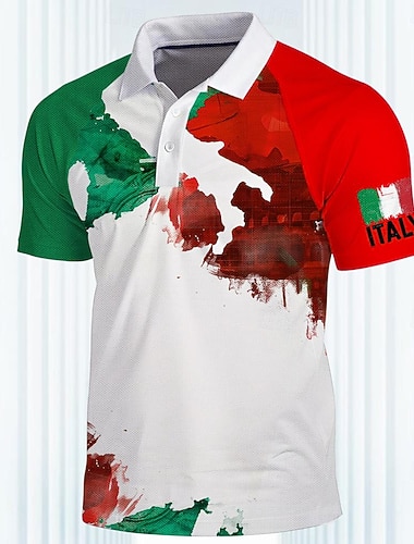  Herren Italienische Flagge Sport-Poloshirts Golfshirt Kurzarm Polo-Shirts Hemden mit Kragen Lässig Sportbekleidung Urlaubskleidung 3D-Druck Knöpfe Frühling & Sommer Weiß