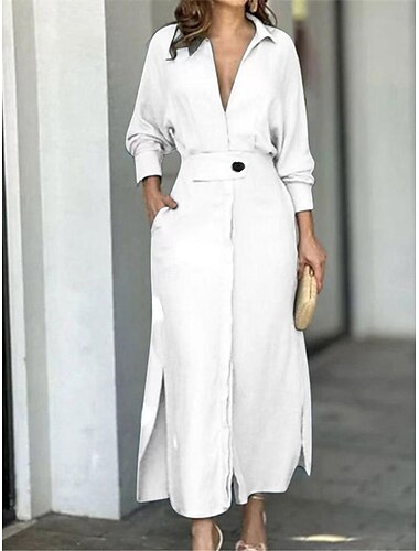  Damen Hemdblusenkleid Maxi Langes Kleid Büro Täglich Basic Modern Hemdkragen Tasche Langarm Sommer Frühling Regular Fit Uni