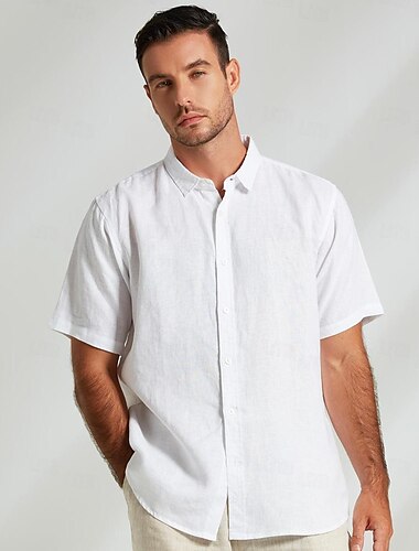  Voor heren Overhemd Linnen overhemd Button-down overhemd Normaal shirt Wit Korte mouw Effen Kleur Strijkijzer Buiten Knop Kleding 100% linnen Vakantie Dagelijks