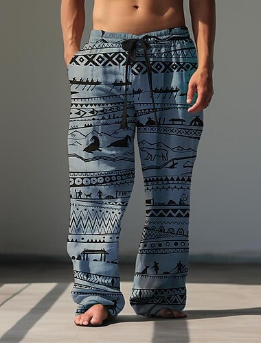  Herr Mönster Casual byxor Medium Midja Hawaiisk Etnisk Stil Semester Rakt ben Sommar Vår 3D-tryck Blå Brun Grön