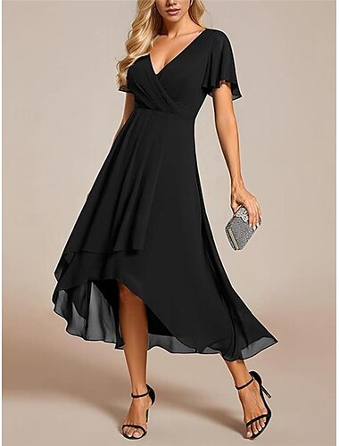  Damen Chiffon-Kleid Maxidress Chiffon Rüsche Arbeit Cocktailparty Elegant Ausgefallene V Ausschnitt Kurzarm Schwarz Weiß Rosa Farbe