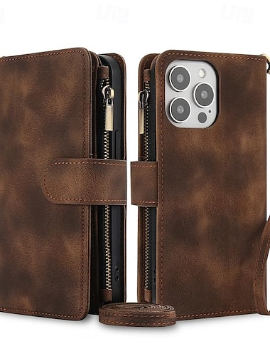  Handy Hülle Handyhüllen Für iPhone 16 iPhone 15 Pro Max Plus iPhone 14 13 12 11 Pro Max Plus Mini SE Brieftasche Kartenetui mit Halterung Reisverschluss Ganzkörperschutz Retro TPU PU-Leder