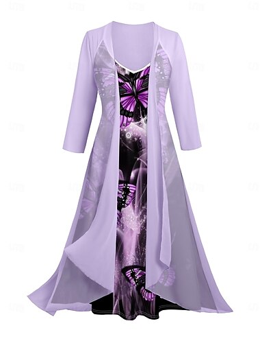  Damen Kleid-Set Casual kleid Kleid drucken Modisch Brautkleider schlicht Blumen Bedruckt Midikleid 3/4 Ärmel V Ausschnitt Outdoor Urlaub Schwarz Weiß Purpur Sommer Frühling Lockere Passform