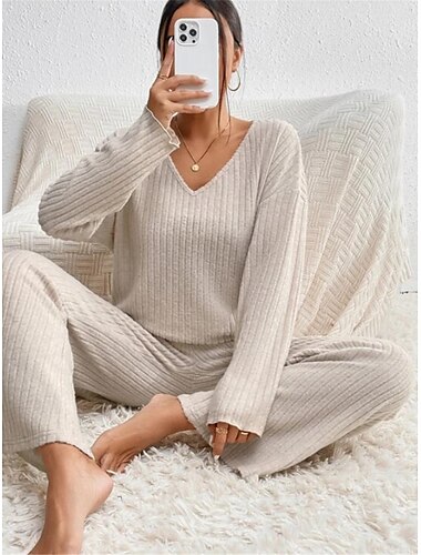  Damen-Pyjama-Sets in reiner Farbe, modisch, bequem, für zu Hause, für den Alltag, gestrickt, atmungsaktiv, V-Draht, langärmlige Hose, elastische Taille, Frühling/Herbst, schwarzes Kamel, Heim-Outfits