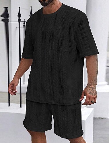  Herren T-Shirt Anzüge 2-teiliges Outfit T-Shirt und Shorts Kurzarm Rundhalsausschnitt Sommer Einfach Mode Lässig 2 teilig Urlaub Alltagskleidung Ausgehen Schwarz Weiß Kaki Top T-Shirt für Herren