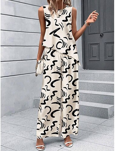  Ensemble de 2 pièces pour femmes Haut Débardeur Mode Pantalon Ensemble Pantalon à Jambes Large Pantalon Sans Manches Col Rond Imprimé Graphique Décontracté Quotidien Beige Été Coupe Normale