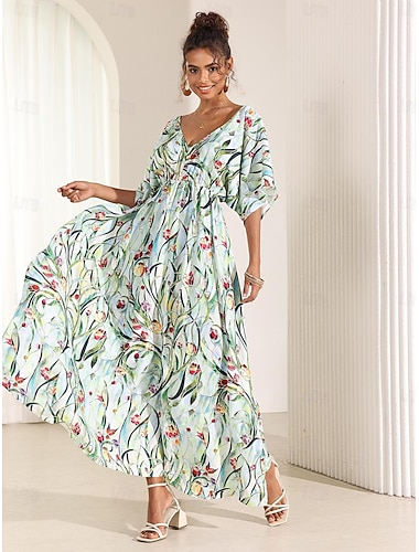  Dame Midikjole Swingkjole Kjole med A-linje Sommerkjole Elegant Bohem Tropisk Sommerfuglermer Feriereise Daglig Stevnemøte Løstsittende Blomstret Kortermet V-hals Blå Grønn Sommer