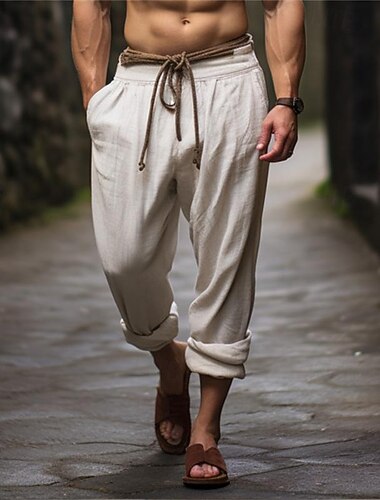  Homens Calças de linho Calças Calça verão Com Cordão Cintura elástica Perna reta Tecido Conforto Respirável Comprimento total Ao ar livre Casual Diário Moda Retro Vintage Bege