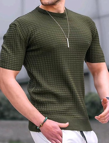 Herre Vaffel T-shirt T-shirt T-Shirts Vaffelstrikket t-shirt Kortærmet Rund hals Forår sommer Vanlig Mode Designer Basale Ferierejse Gade I-byen-tøj Sort Hvid Kakifarvet Top T-shirt til mænd