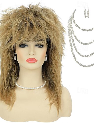  80er Jahre Tina Rock Diva Kostümperücke für Frauen, große Haare, blond, 70er 80er Rocker Vokuhila-Perücke, Glamour-Punkrock, Rockstar-Cosplay-Perücke für Halloween-Party mit 2 Ohrringen, Perlenkette
