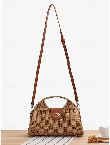  Damen Handtasche Strohsack Kuppeltasche Stroh Party Festtage Strand Schnalle Hohe Kapazität Multi-Carry Feste Farbe Khaki Beige