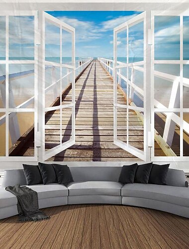  Natura fereastră vedere agățat tapiserie artă de perete tapiserie mare decor mural fotografie fundal pătură perdea acasă dormitor sufragerie decorare dig ocean
