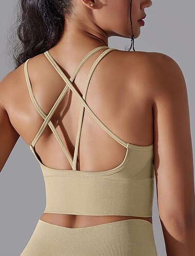 Damen U-Ausschnitt Sport Bustier bh Tank-Top mit Trägern Gepolsterter BH Leichte Unterstützung Herbst Sportlich Rückenfrei Feste Farbe Dunkelgrau Hellbraun Yoga Fitness Fitnesstraining Sport-BHs