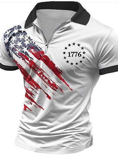  Amerikanischer Unabhängigkeitstag Herren Amerikanische Flagge Veteranen Poloshirts mit Reißverschluss Golfshirt Kurzarm Polo-Shirts Hemden mit Kragen Lässig Streetwear Urlaubskleidung Party-Outfits