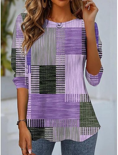 Damen Normal Spitzenreiter ausgehen Geometrisch Plaid Vintage Stilvoll Brautkleider schlicht Langarm Rundhalsausschnitt Normale Oberteile Urlaub Party Täglich Patchwork Bedruckt Gras-Grün Gelb Rosa