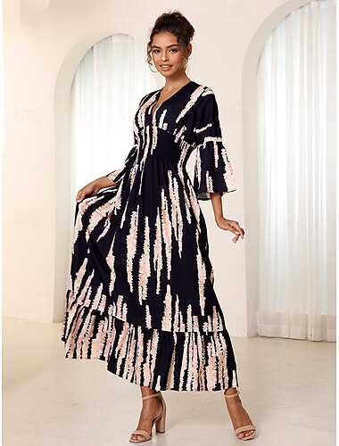  Femme Robe Maxi robe noire Robe Trapèze Elégant Cloche du quotidien Ample Tie Dye Manches 3/4 Col V Noir Eté