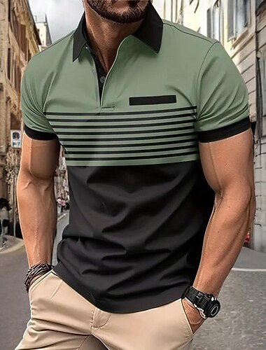  בגדי ריקוד גברים פסים חולצות פולו חולצת גולף שרוולים קצרים חולצות פולו חולצות עם צווארון עסקים מזדמנים לבוש עבודה לבוש רשמי בגדי פסטיבלים הדפסת תלת מימד כפתורים אביב קיץ לבן יין כתום