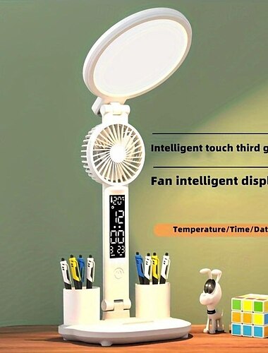  Tischlampe LED Multifunktions-Falt-Touch mit Kalenderuhr USB-Schreibtischlampe Eingebauter Ventilator Augenpflege-Technologie für Schlafzimmer Nachttisch-Leselicht