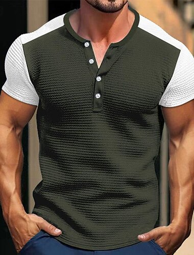  男性用 ワッフルTシャツ ワッフルシャツ ボタンTシャツ Tシャツ 半袖 ヘンリー 春夏 カラーブロック ファッション デザイナー ベーシック パッチワーク バケーション ストリート お出かけ ホワイト ロイヤルブルー カーキ色 メンズトップTシャツ