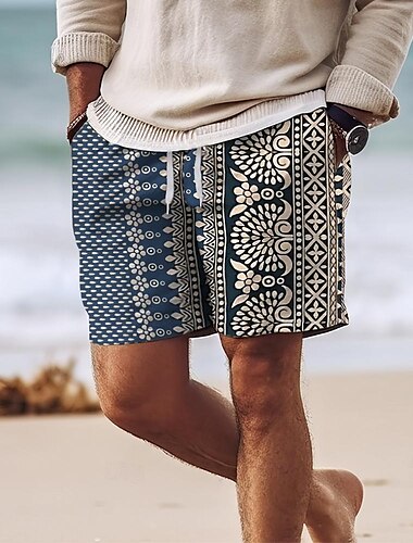  Herren Geometrisches Muster Blume / Blumenmuster Badeshorts Boardshorts Badehosen Mittlere Taille Vintage Hawaiianisch Ethno-Stil Ferien Strand Kordelzug mit Mesh-Futter Elastischer Bund Designer