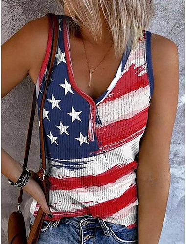  Nationens självständighetsdag Kvinnors patriotiska fjärde juli Linne Tanktop Flagga Ärmlös V-hals Daglig Röd Sommar