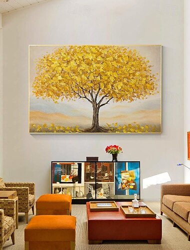  handgeschilderde bladgoud boom schilderij muur kunst bladgoud boom schilderij abstract landschap textuur bloem olieverfschilderij geel grote geldboom schilderij woondecoratie voor slaapkamer kantoor