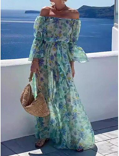  Damen Langes Kleid Maxikleid Freizeitkleid Cocktailkleid Kleid für Hochzeitsgäste Chiffonkleid Stilvoll Lässig Boho Urlaub Täglich Date Normale Passform Blumen Langarm Schulterfrei Hellgrün Sommer