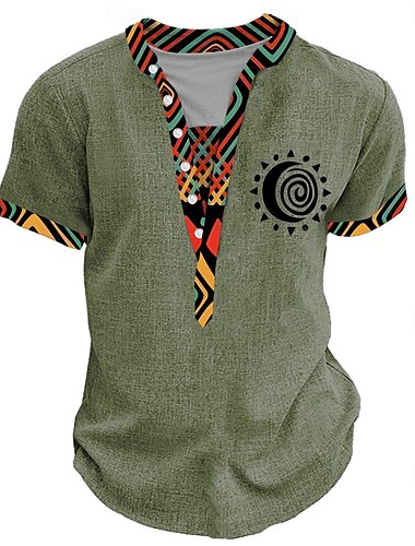  Herren Stammes Bandana-Print T Shirt Henley Hemd Kurzarm 3D-Druck Designer Ethnisch Urlaub Lässig Täglich Sommer Frühling Gelb Grün Khaki Henley Henley T-Shirt