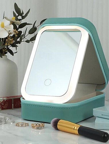  LED-beleuchteter Schminkspiegel mit einstellbarer Helligkeit, tragbarer Kosmetikspiegel mit integriertem Organizer, Reisekosmetiketui mit Schmuckaufbewahrung, über USB wiederaufladbar