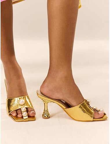  Damen Absätze Hochzeit Party Urlaub Imitationsperle Kätzchen-Ferse Fantasy Heel Quadratischer Zeh Elegant Böhmen Urlaub Kunstleder Halbschuhe Gold