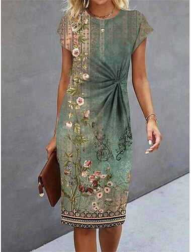  Femme Robe mi-longue Robe à fleurs Robe d'été Robe imprimée Mode Vêtement de rue Moderne Extérieur Vacances Plein Air Standard Floral Manche Courte Col Ras du Cou Bleu Vert Eté Printemps