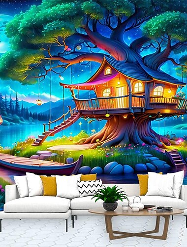  Fantasie magischer Baum Haus Wandteppich Wand Kunst große Wandteppich Wandbild Dekor Fotografie Hintergrund Decke Vorhang Haus Schlafzimmer Wohnzimmer Dekoration Wandtuch XXL Natur