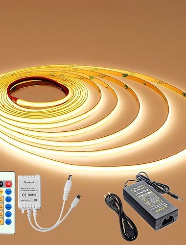  Tira de luz LED COB, tira de luz LED regulable lineal de 5 m, luz LED COB flexible de 12 V de alto brillo para dormitorio ra90