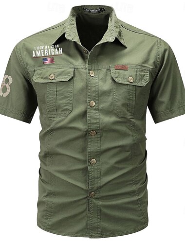  Herren Fahne Amerikanische US-Flagge Mit Buchstaben bedruckt Hemd Westernhemd Cargo-Shirt Kurzarm Brautkleider schlicht Taktisch Ausgehen Sommer Umlegekragen Knopf Bedruckt Schwarz Armeegrün