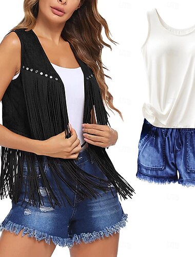  Retro vintage Tupsu Jaren '60 Hesje Korte broek Suède Vest Hippie Kwastje Effen Kleur Dames Carnaval Feestdagen Casual / Dagelijks Prideparade Volwassenen Ves Short Lente zomer