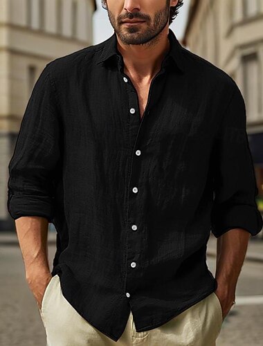  Per uomo Camicia in cotone e lino Semplice Vacanza Nero Bianco Rosa Azzurro cielo Manica Lunga Collo ripiegato Abbigliamento