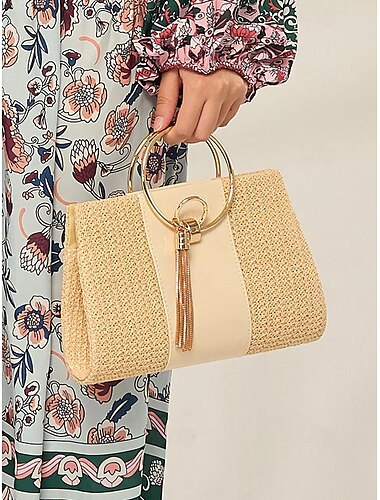  Damen Clutch Handgelenk-Tasche Strohsack Umschlagtasche Stroh Party Festtage Strand Quaste Kette Metallgriff Hohe Kapazität Multi-Carry Feste Farbe Farbblock Hellgelb Beige