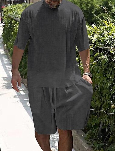  Herren T-Shirt Anzüge 2-teiliges Outfit T-Shirt und Shorts Kurzarm Rundhalsausschnitt Sommer Einfach Mode Lässig 2 teilig Urlaub Alltagskleidung Ausgehen Weiß Hellgrau Dunkelgray Top T-Shirt für