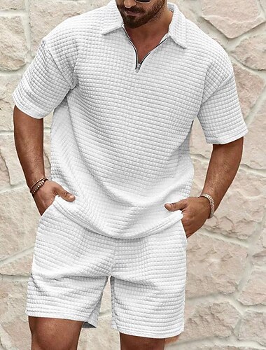  Hombre Camisa henley gofrada Trajes de camiseta Chándal Camiseta de tenis Mangas cortas Cuello de polo Verano Color sólido Dibujo Ropa de Gimnasia Casual Cremallera 2 Piezas Vacaciones Ropa Cotidiana