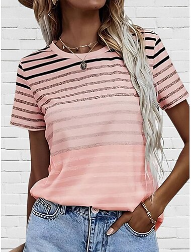  Dames T-shirt Gestreept Casual Korte mouw Strakke ronde hals Normale tops Dagelijks Afdrukken Blozend Roze blauw Paars Zomer