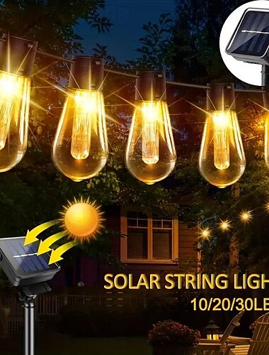  Guirnalda de luces solares vintage, luces navideñas impermeables con 10/20/30 bombillas LED irrompibles&amp;8 modos de brillo para vacaciones, Navidad y bodas.&amp;Decoración de camping