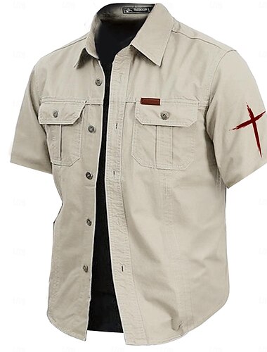  Herren Kreuz Hemd Westernhemd Cargo-Shirt Kurzarm Brautkleider schlicht Taktisch Sport & Natur Ausgehen Sommer Frühling Umlegekragen Bedruckt Armeegrün Khaki Dunkelblau Beige