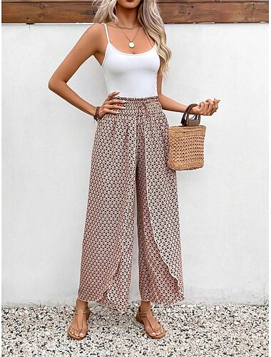  Damen Breites Bein Hosen Hose Strassenmode Brautkleider schlicht Lang Hoher Taillenbund Geometrisch Tasche Print Elastisches Kordelzugdesign Atmungsaktivität Weich Mikro-elastisch Urlaub Strasse